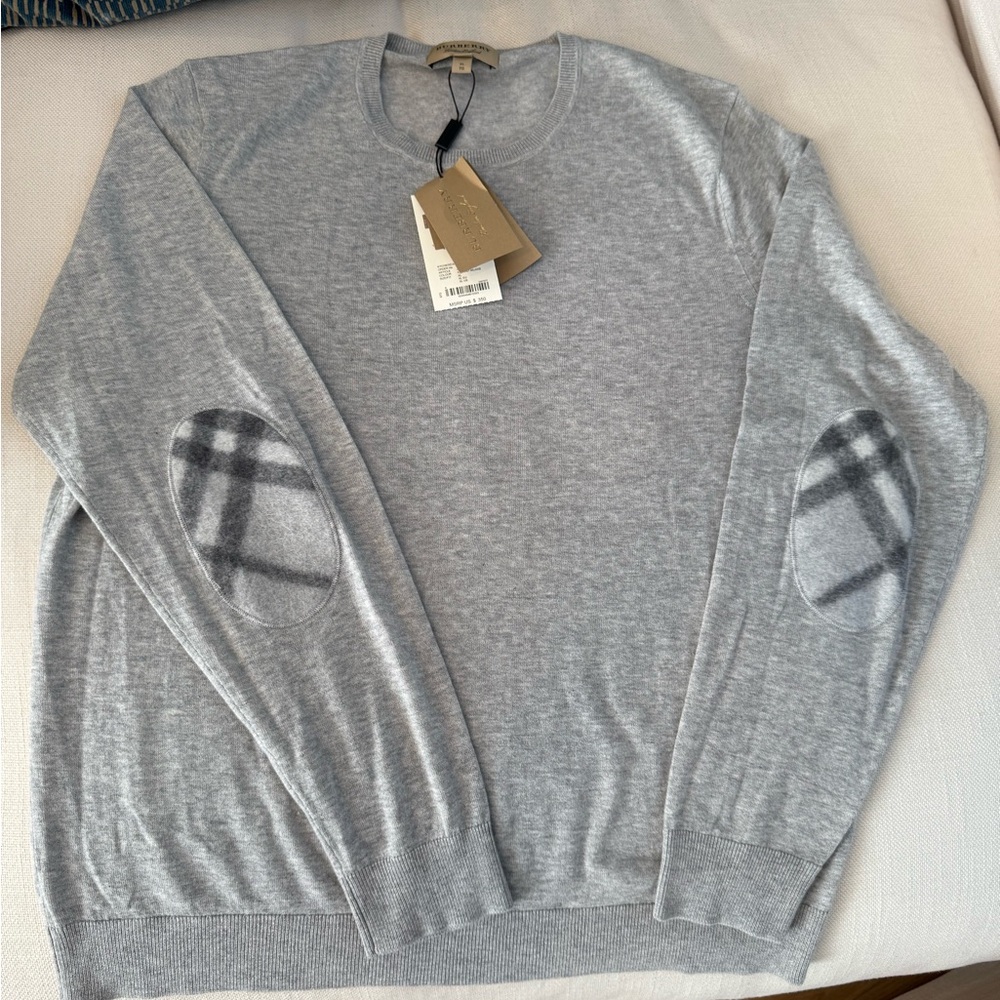 New Burberry Gray Crewneck Sweater with Plaid Elbow Patches